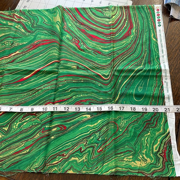 2 sewing fabric remnants, dark blue w/gold stars, moons; green/red/yellow swirl - Picture 5 of 6